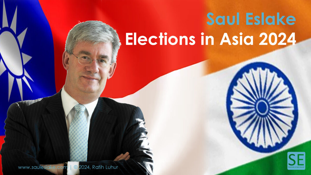 Elections in Asia 2024: Saul Eslake with flags of Taiwan, Indonesia and India in the background